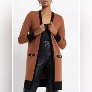 Express Tipped Padded Shoulder Novelty Button Long Cardigan Brown Black  S NWT